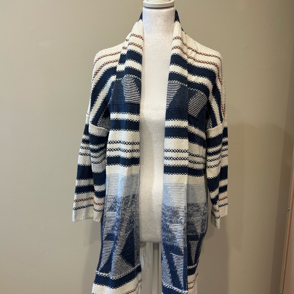 NIC+ZOE Blue Multi Fringe Open Front Cardigan Sweater NWT Size S
